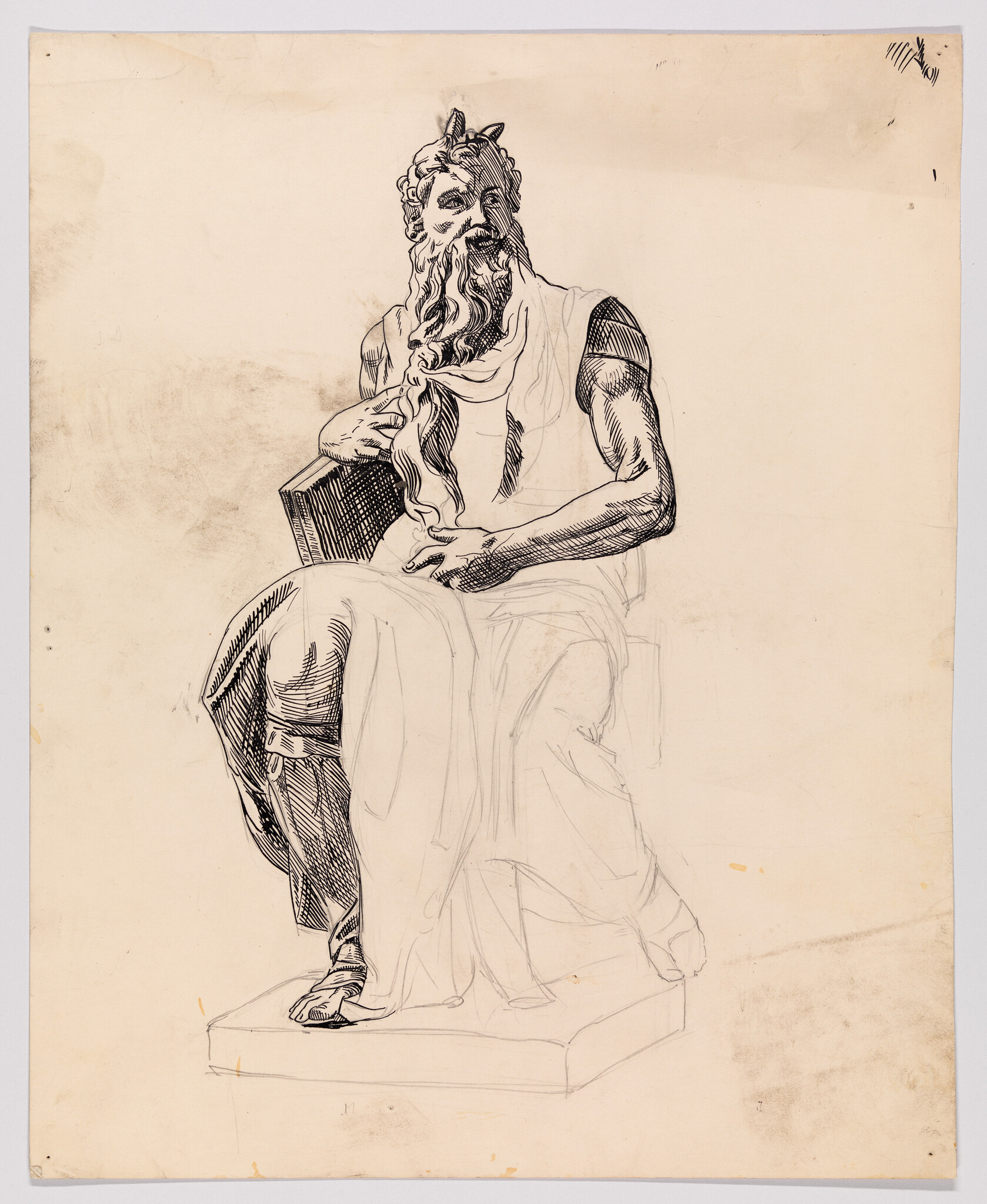 Seated bearded classical figure sketch holding a book while entwining his long beard.