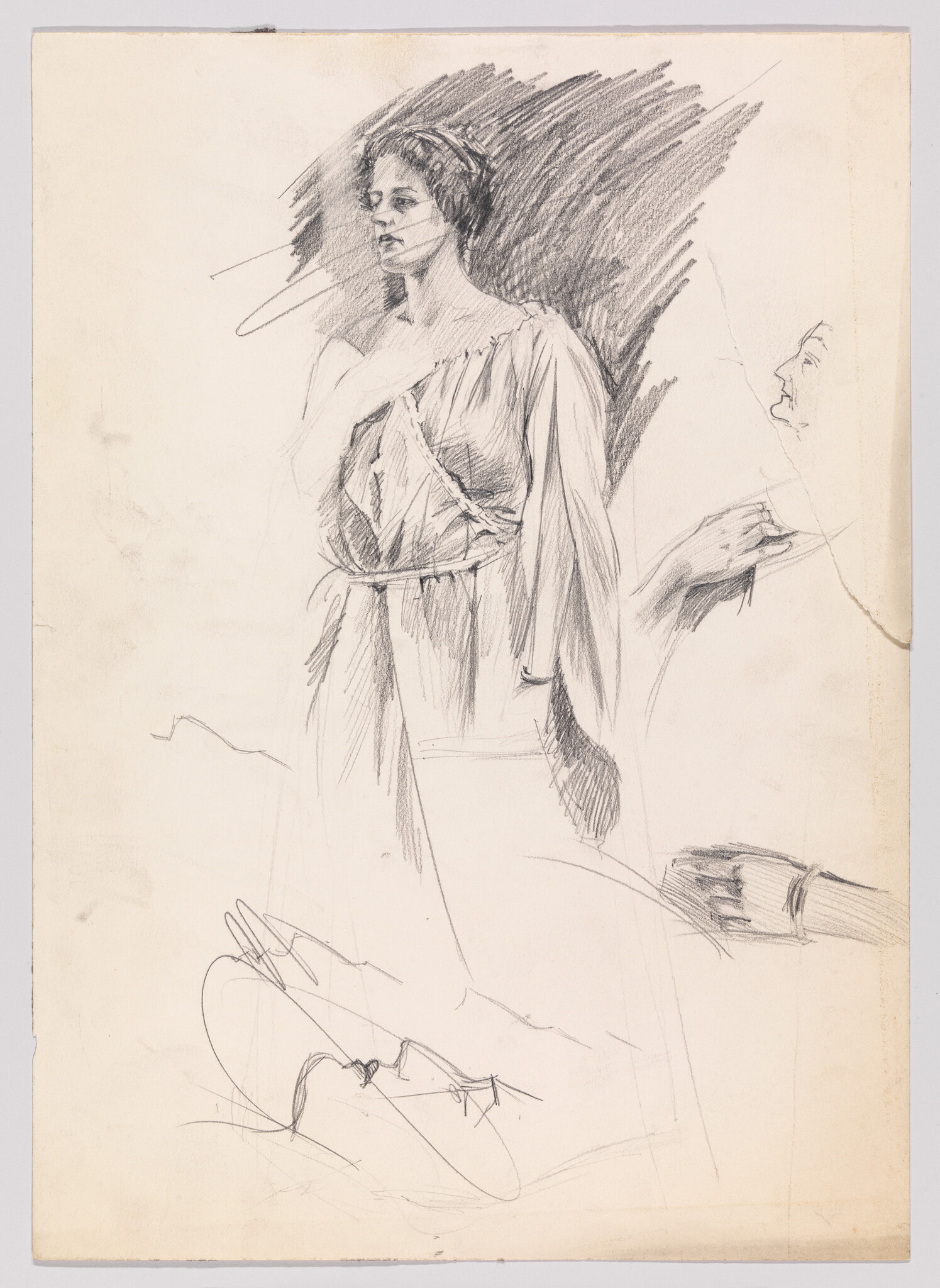 Pencil sketch showing a woman in a flowing dress with her hand resting on her chest.