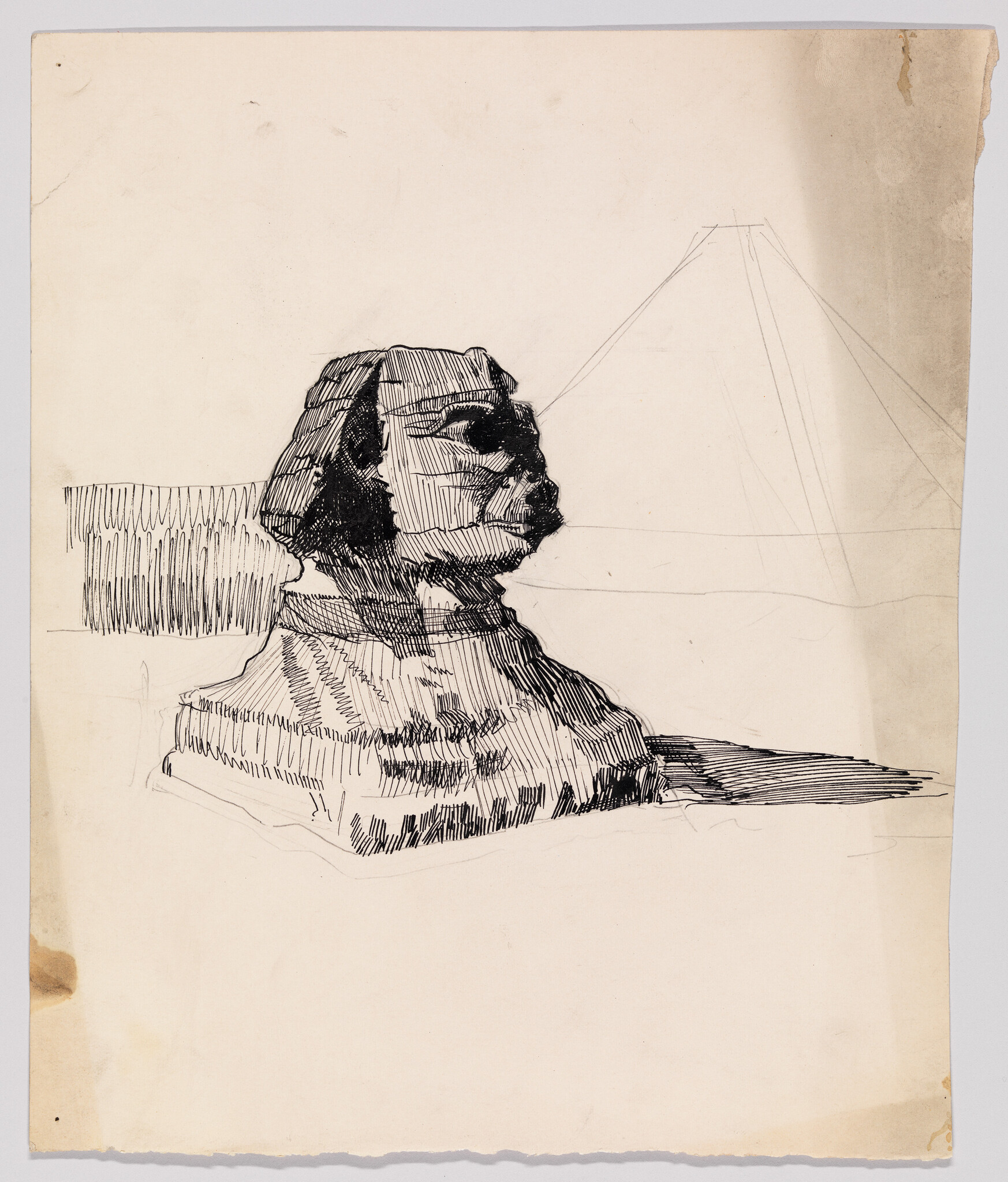 A pen sketch of the great sphinx in profile with a faint pyramid outline behind it.