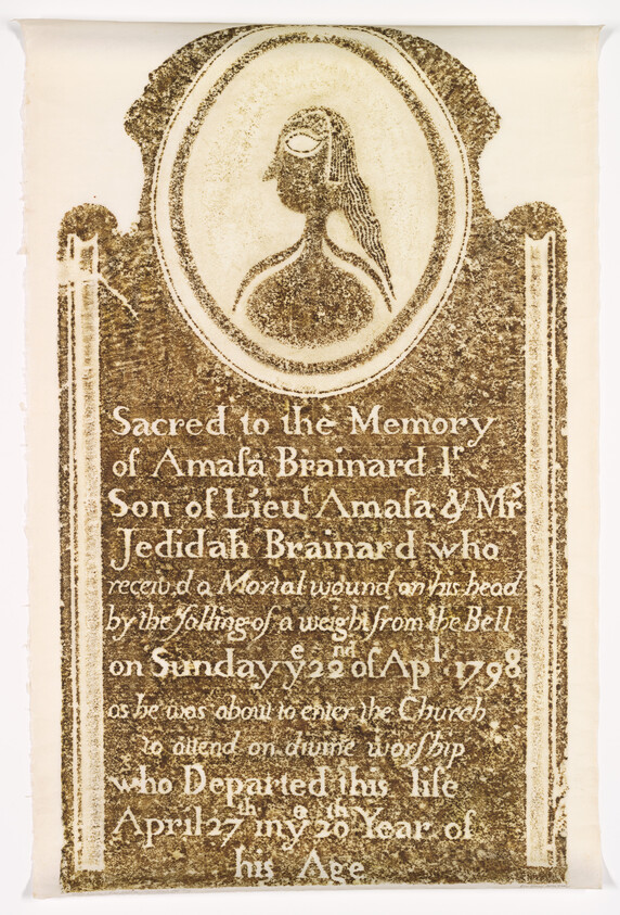 Memorial plaque with carved female profile and inscription honoring Amala Brainard's death in 1798.