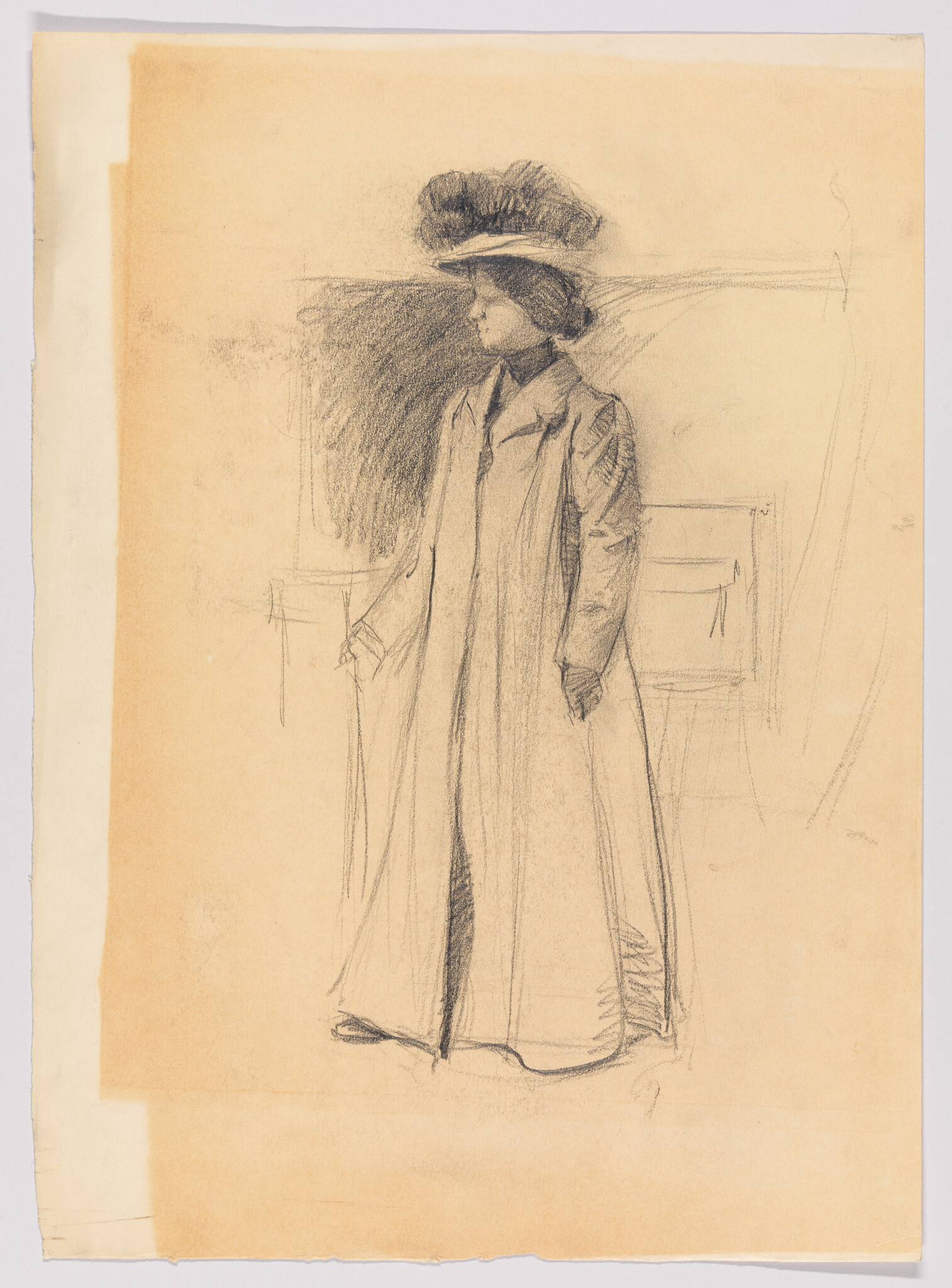 A woman wearing a long coat and large hat stands looking to the left.