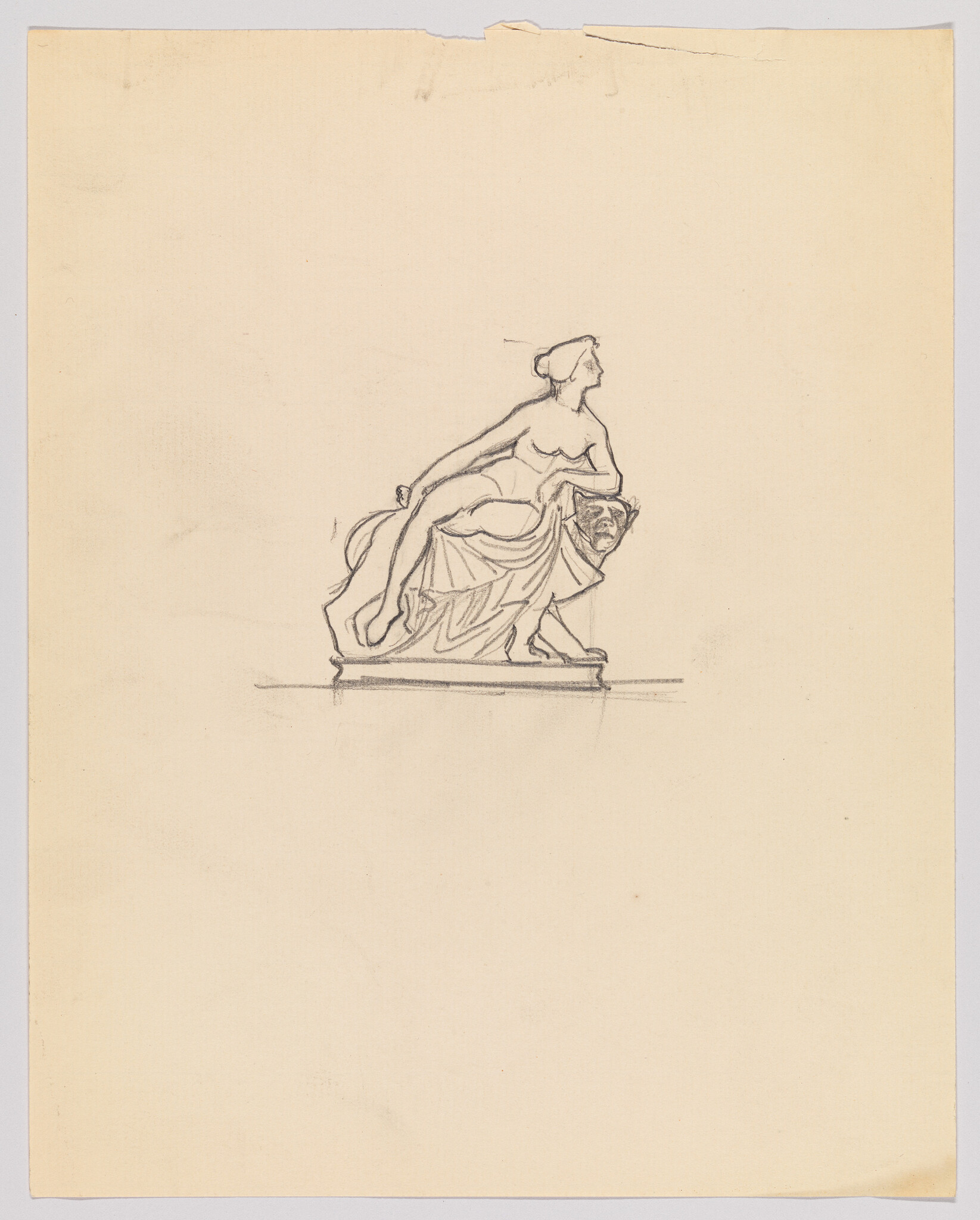 A pencil sketch shows a draped woman reclining on a small pedestal, holding a mask.