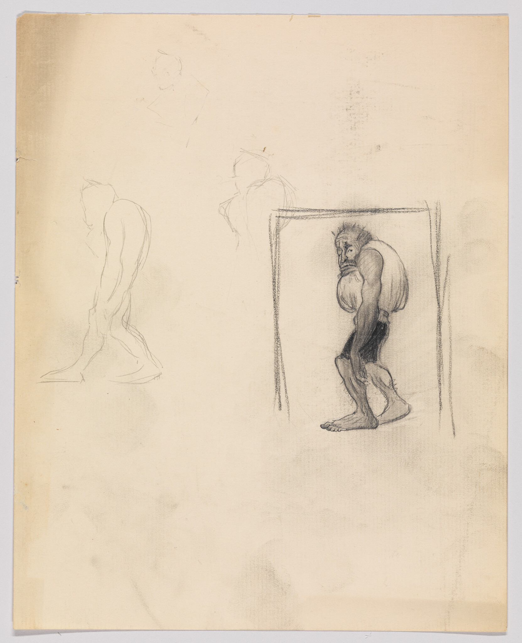 A pencil sketch shows a hunched, muscular humanoid figure standing inside a rough rectangular frame.