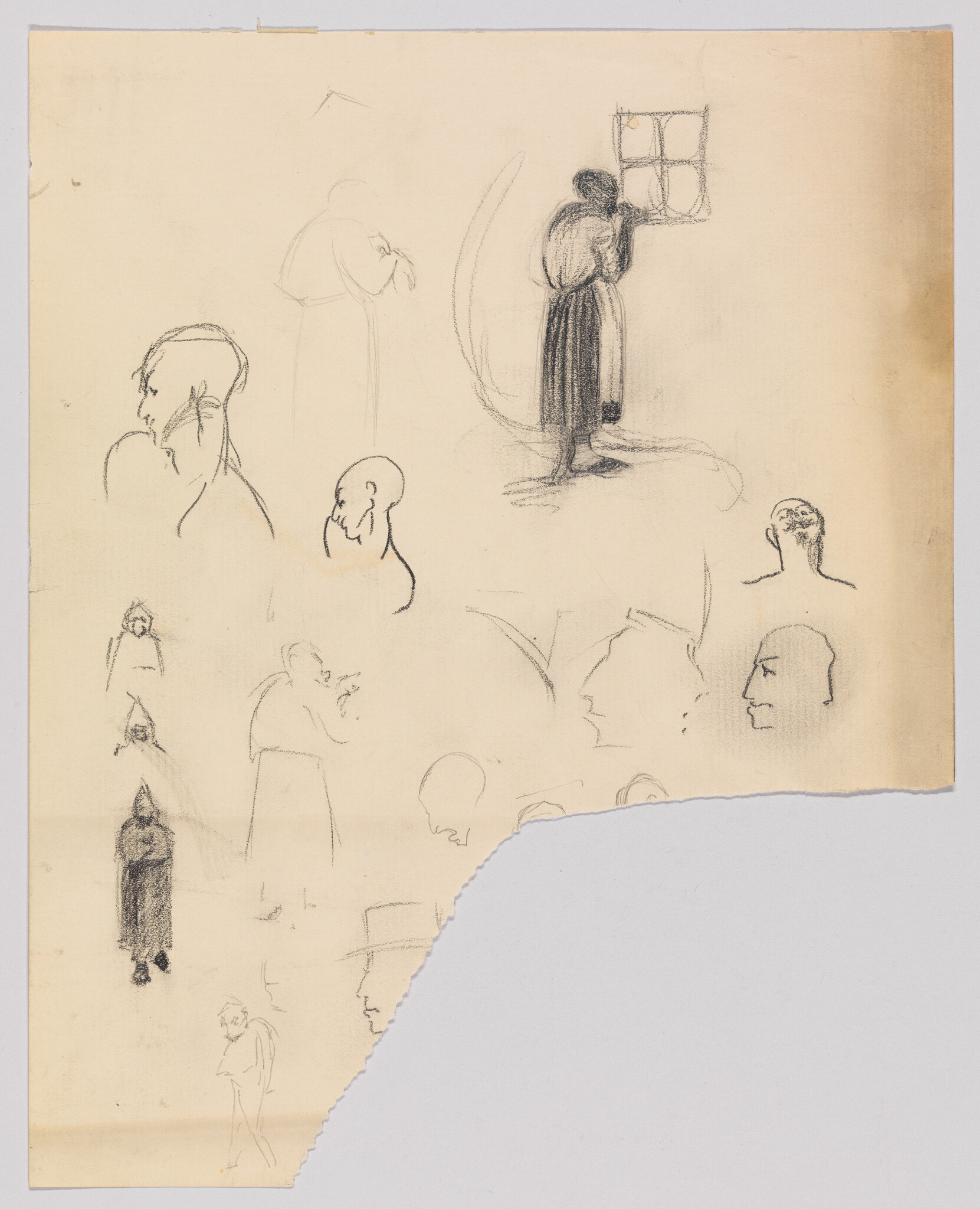 A tall woman leans to look out a small window among many quick figure sketches.