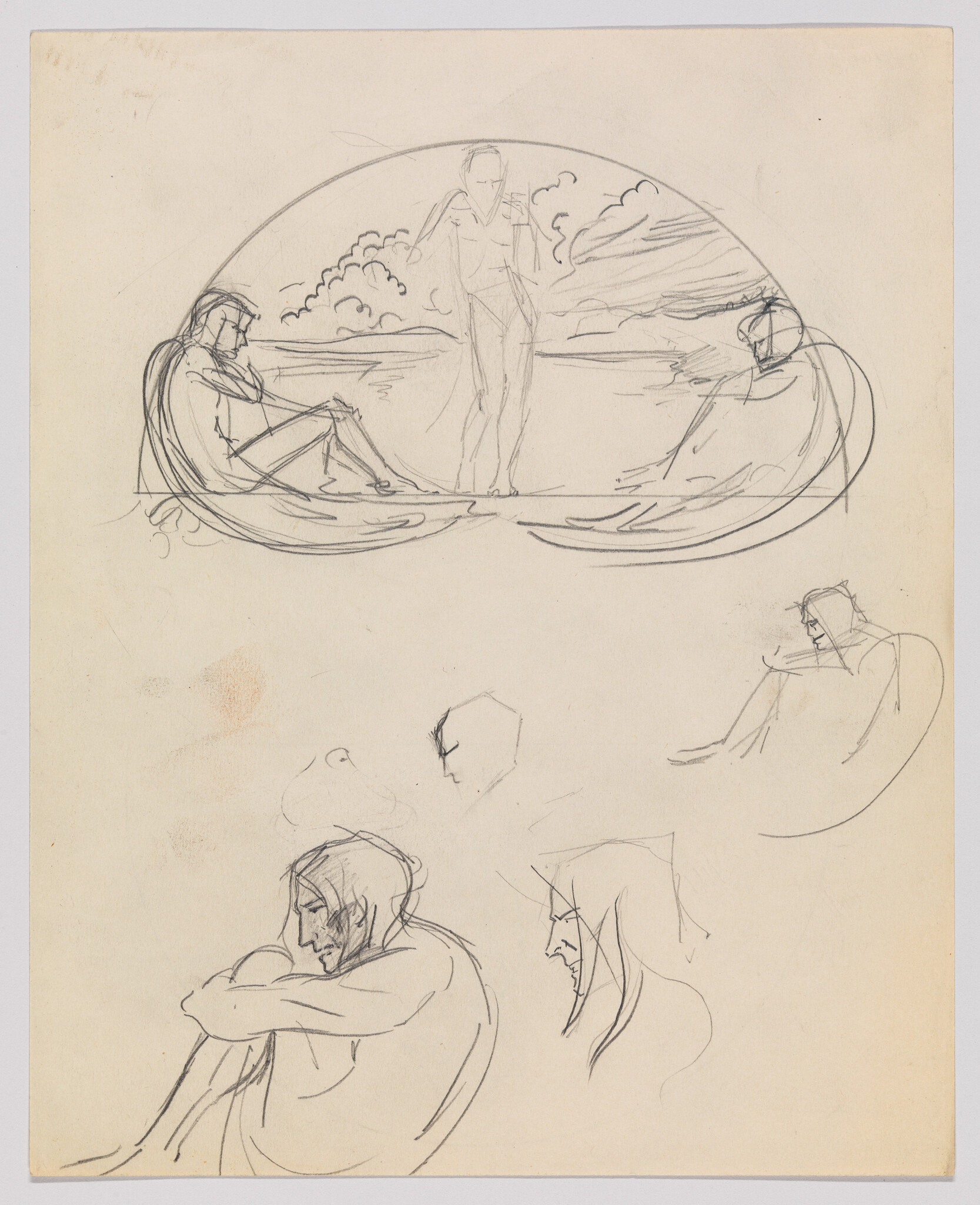 Several pencil sketches showing a standing figure within an arch and seated, pensive figures hugging their knees.