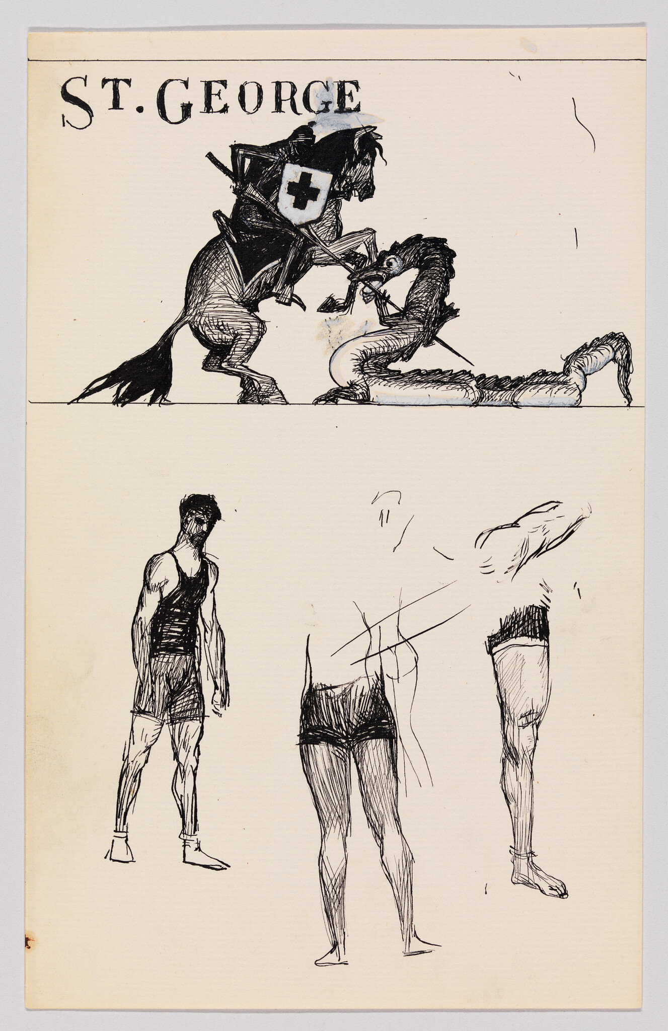 A sketch page featuring two separate drawings. The top half shows a depiction of St. George in armor on horseback, battling a dragon. Below the title "ST. GEORGE," the knight is thrusting a lance into the dragon's mouth. The bottom half of the page contains studies of human anatomy, with a focus on the male figure, showing various poses and muscle structures. The sketches are detailed and appear to be done in ink on a cream-colored paper.