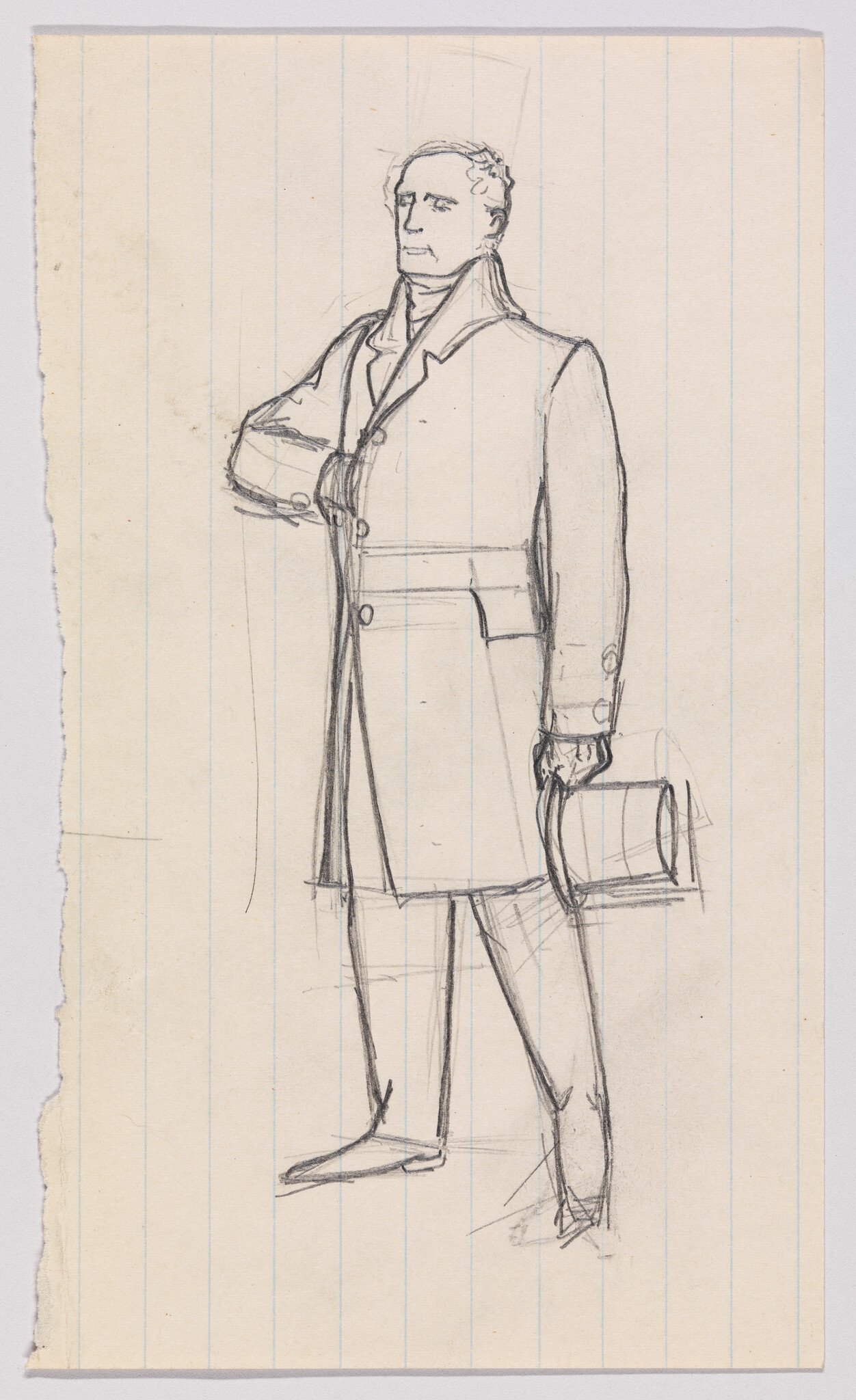 A man in a long coat stands with one hand tucked into his waist and holding a top hat.