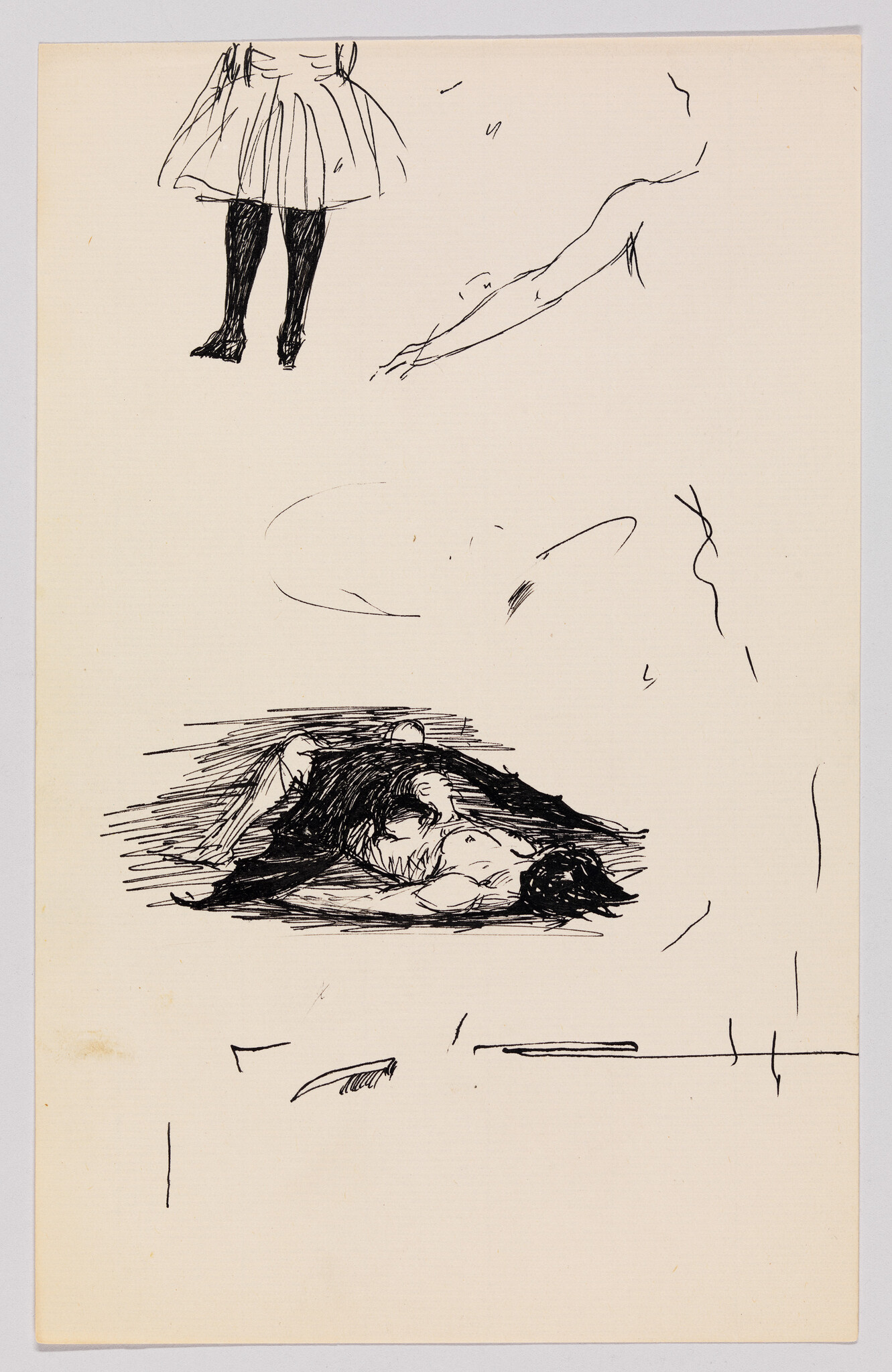 A sketch on a beige paper featuring various drawings: at the top, a pair of legs in black tights with a skirt, a single arm sketch to the right, a detailed drawing of a reclining figure in the center, and some isolated lines and shapes at the bottom. The artwork has a rough, expressive style with visible ink lines and strokes.
