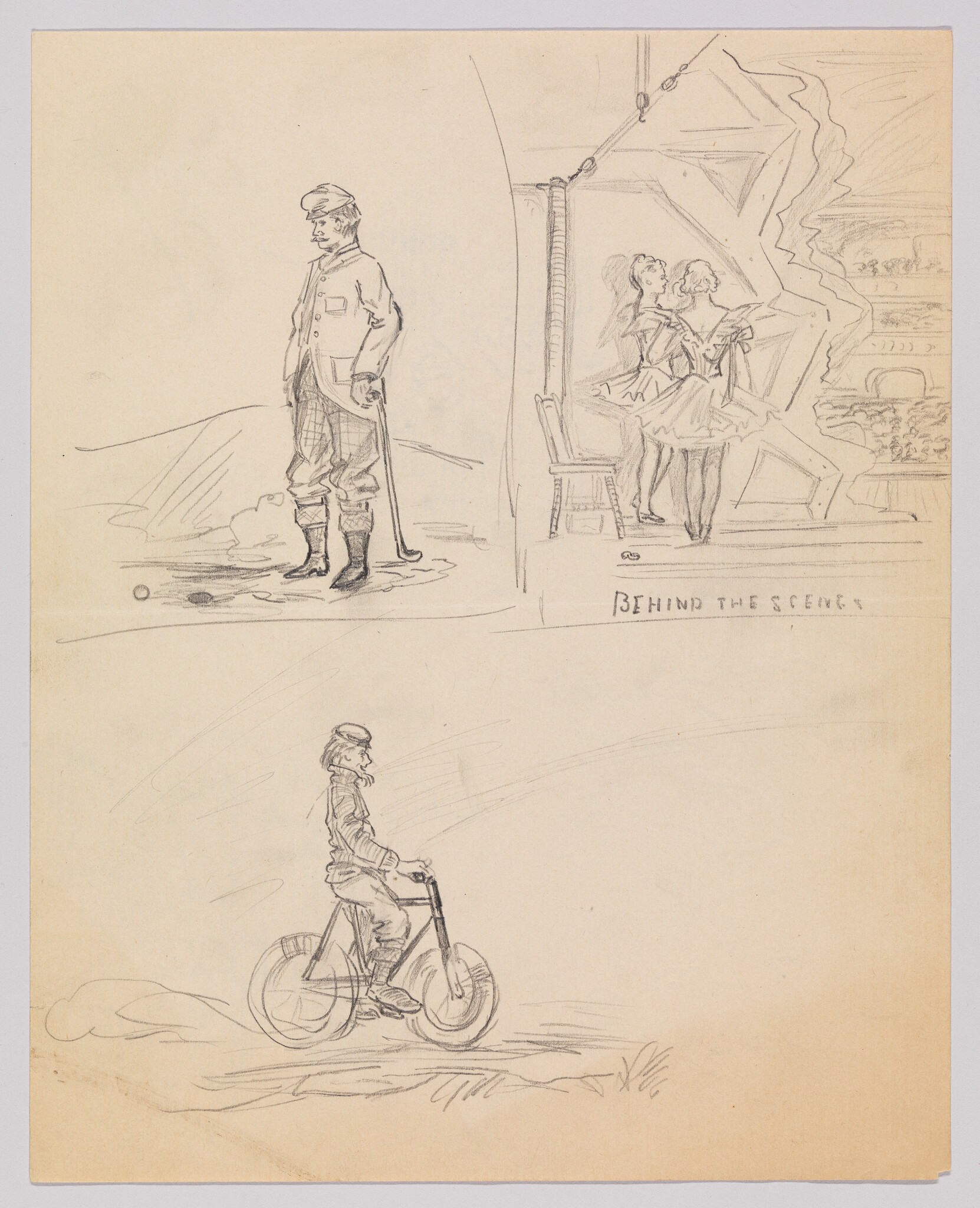 Three pencil sketches show a golfer, two ballerinas behind the stage, and a man riding a bicycle.