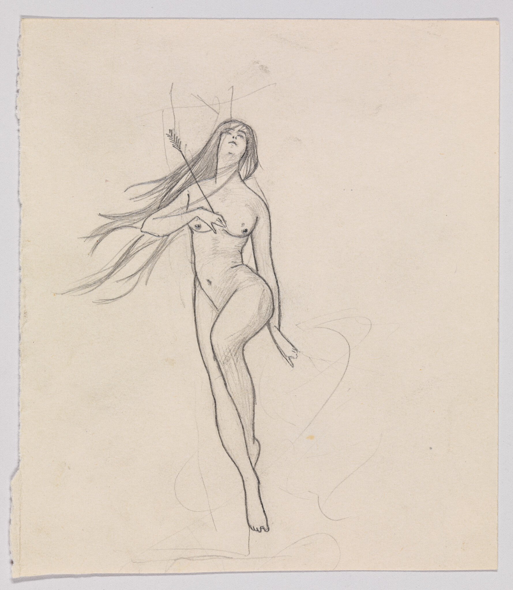 A pencil sketch of a floating nude woman with long hair holding an arrow across her chest.