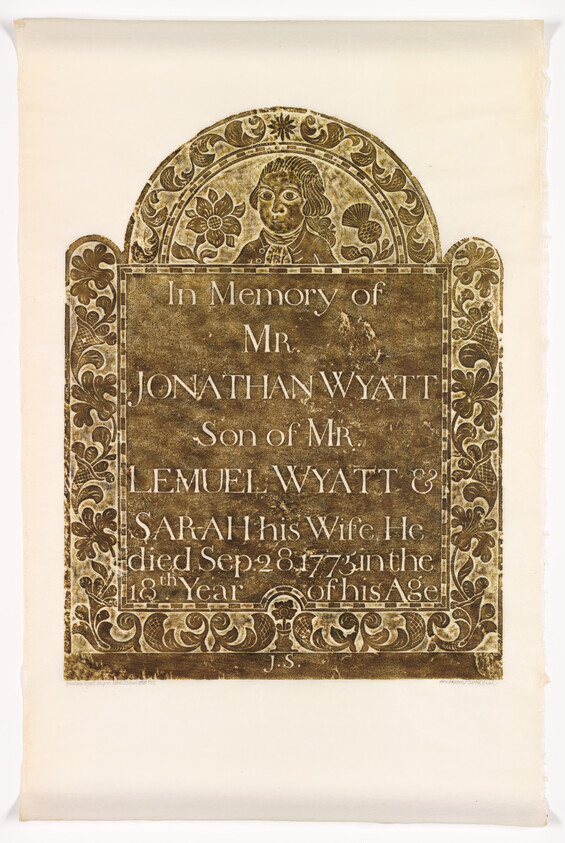 Memorial plaque for Jonathan Wyatt with engraved death date and decorative carved portrait.