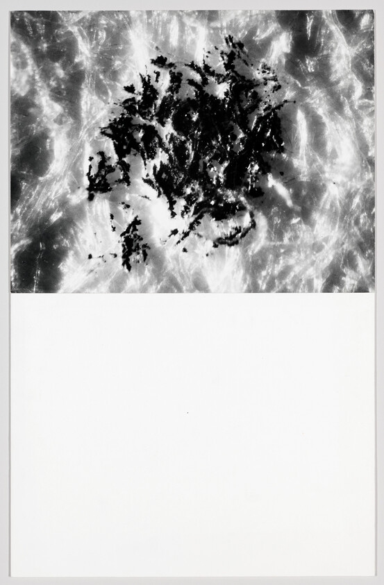 Dark irregular ink blotch on the upper textured surface with a large blank white area below.