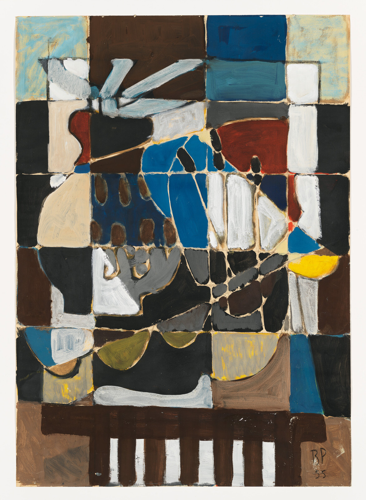 Abstract painting of colorful geometric and organic shapes arranged in a grid pattern.