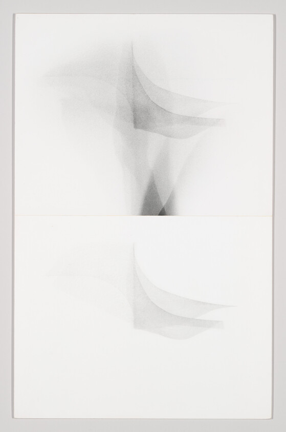 Two stacked white panels show soft translucent gray curved shapes forming an abstract minimal composition.