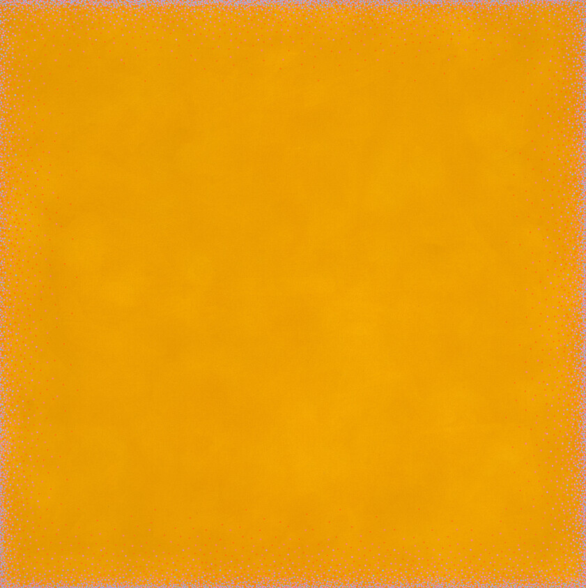 Solid orange square with a faint dotted purple border and soft paper-like texture.