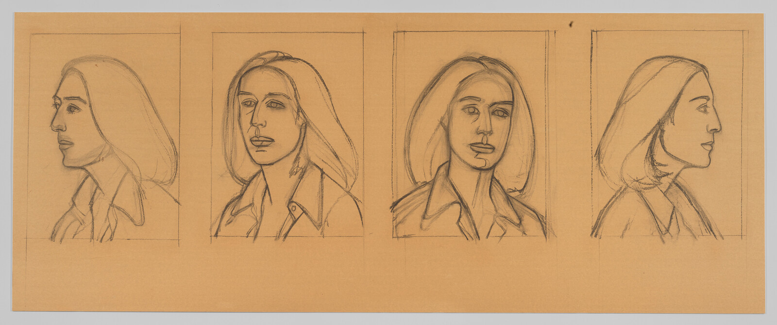 Four pencil sketches show a woman's head and shoulders from left profile, three-quarter, front, and right profile.