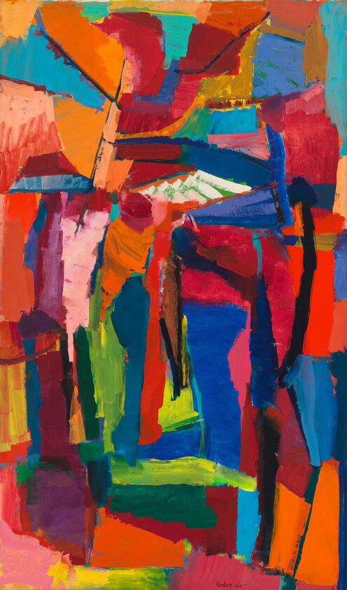 Vibrant abstract painting with bold, overlapping colorful shapes and energetic brushstrokes.