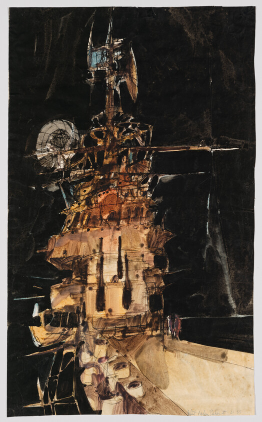 Tall rusty mechanical tower with antennae and platforms rising against a dark background.