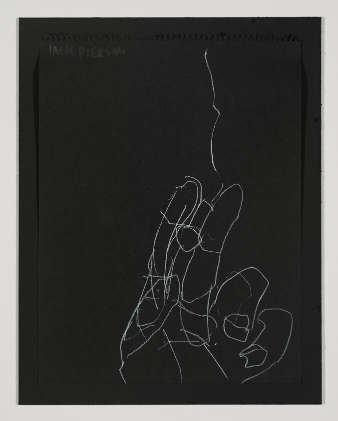 A simple white line drawing of a hand with two fingers raised against a black background.