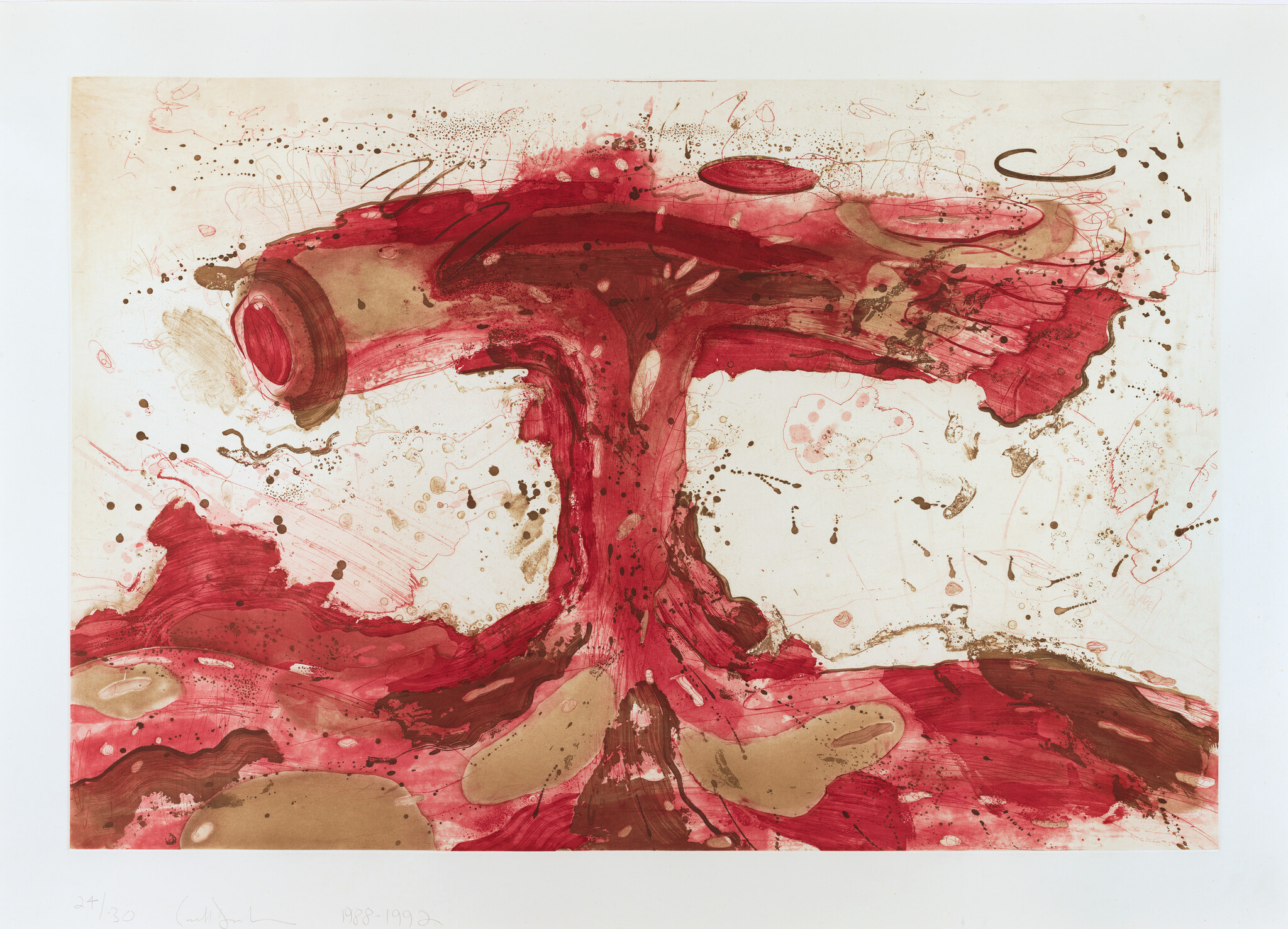 A red and brown abstract mushroom-cloud shape with splatters and flowing paint textures.