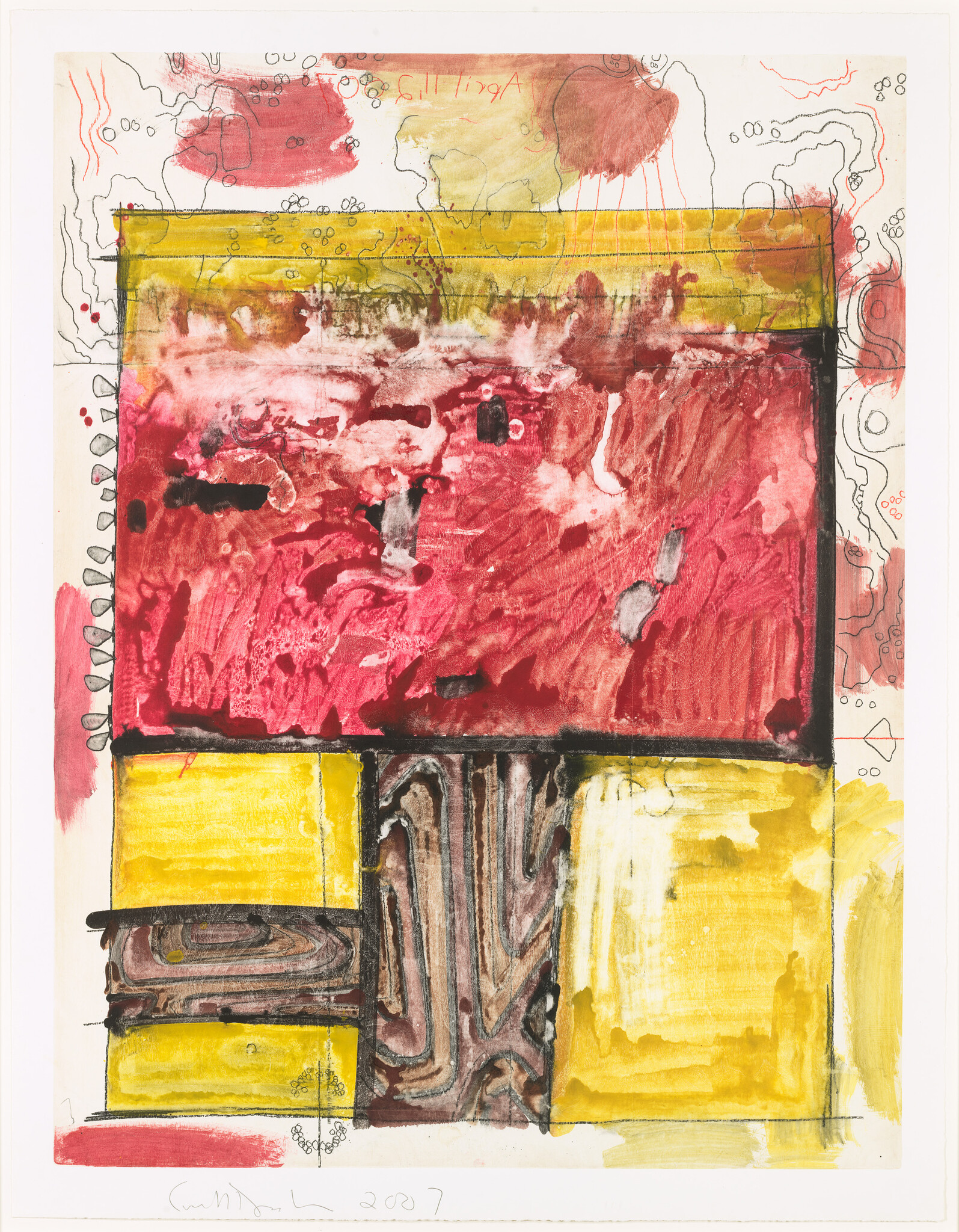 This image displays an abstract painting with a vibrant composition of red and yellow hues dominating the canvas. The upper section features red splotches with some overlaid doodle-like line drawings in black, while the lower section is divided into blocks of yellow and a textured brown pattern resembling wood grain. The artwork is bordered by a white margin with some handwritten notes and sketches along the edges.