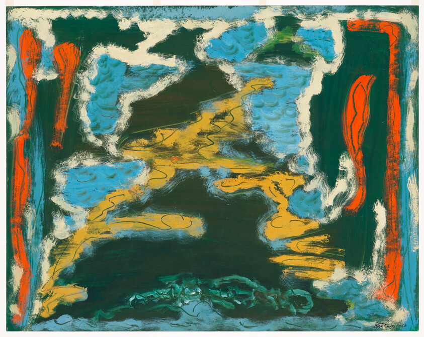 Abstract painting with blue cloud-like shapes, yellow winding streaks, and red vertical accents.