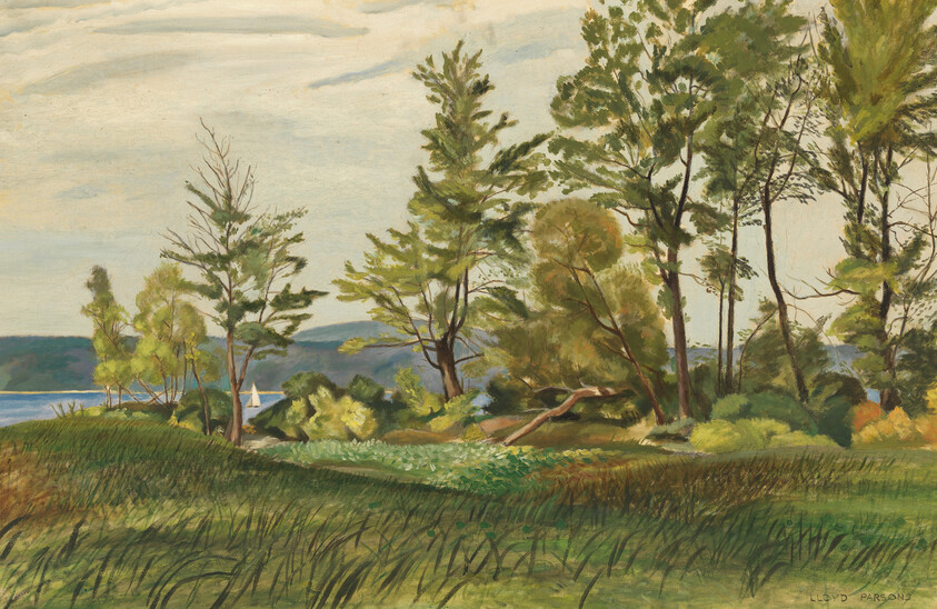 Tall trees stand on a grassy meadow overlooking a calm lake with a small white sailboat.