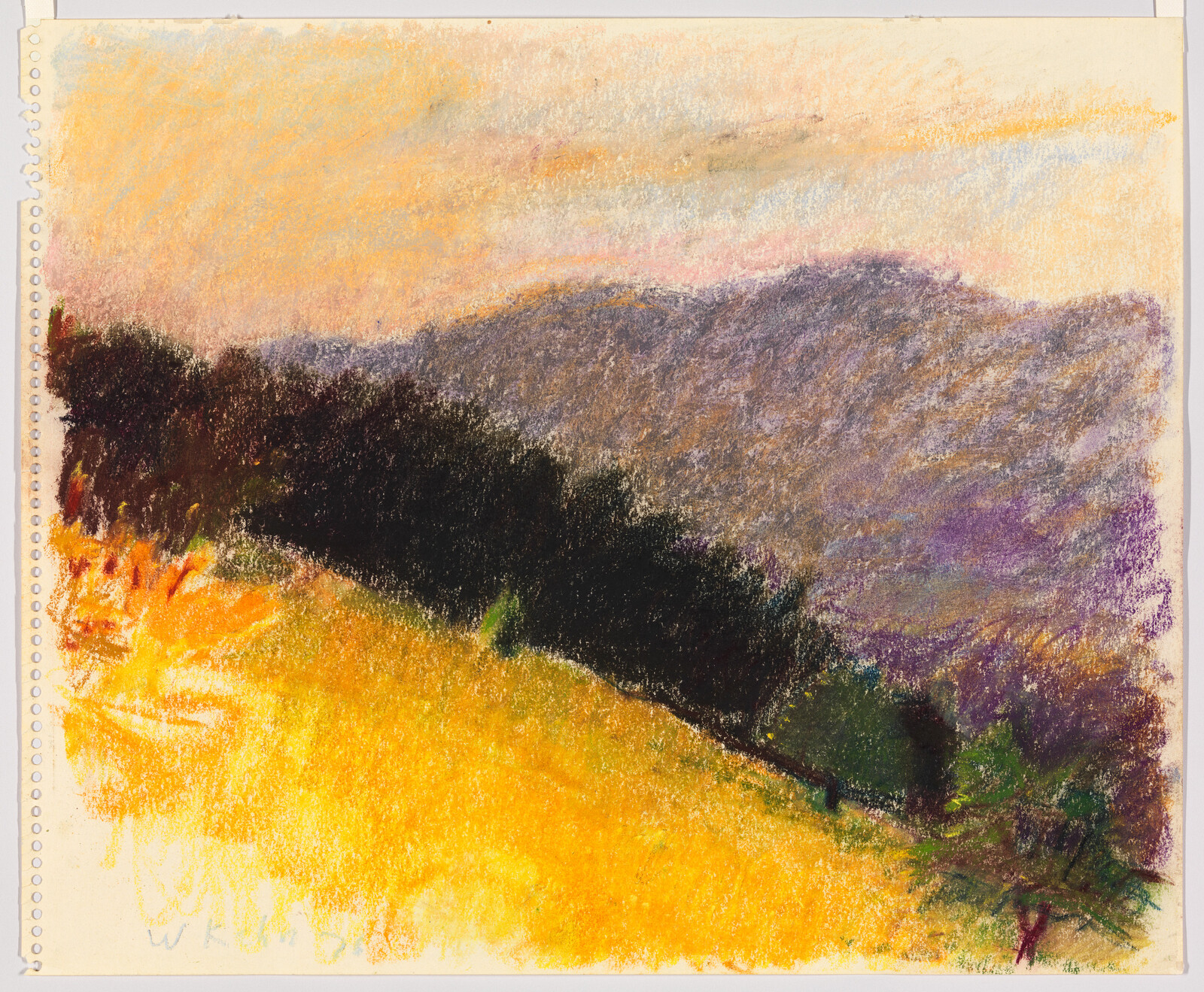 Colorful landscape drawing with a bright yellow field, dark trees, and purple mountains under a soft sky.