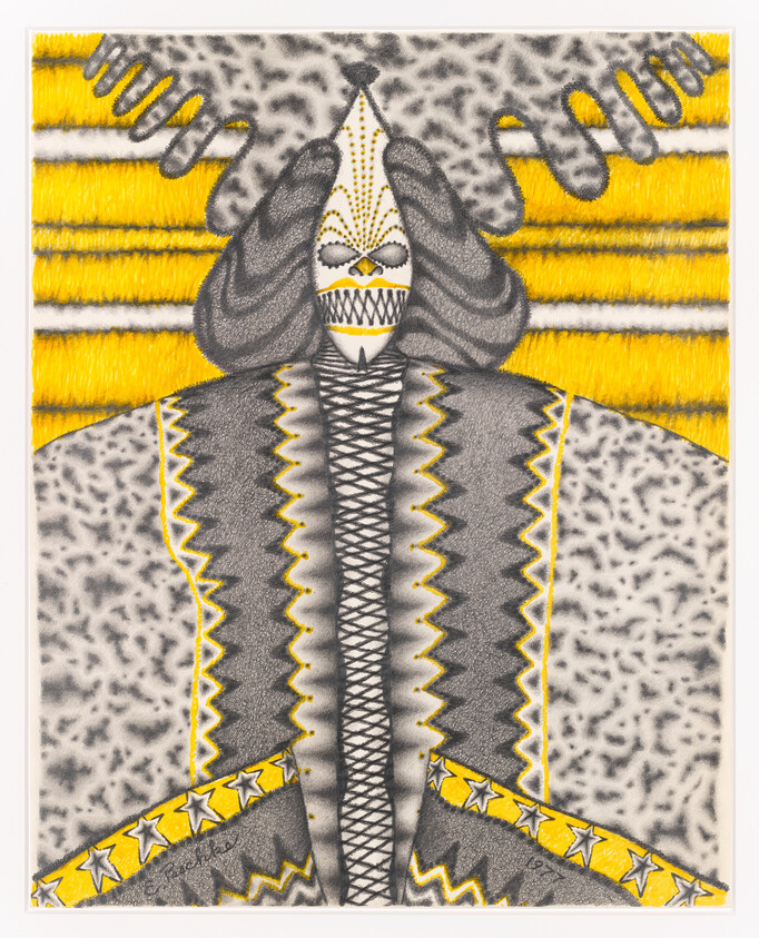A stylized robed figure with a mask and intricate zigzag and star patterns in yellow and gray.
