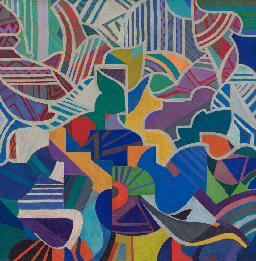 Colorful abstract painting with geometric shapes and patterns in blue, green, red, and yellow, creating a dynamic, layered composition.