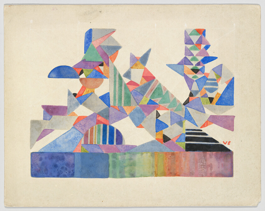 A colorful abstract watercolor painting composed of various geometric shapes in shades of blue, red, green, purple, and orange, with a signature in the bottom right corner. The shapes are arranged in a seemingly random but balanced composition on an off-white paper background.