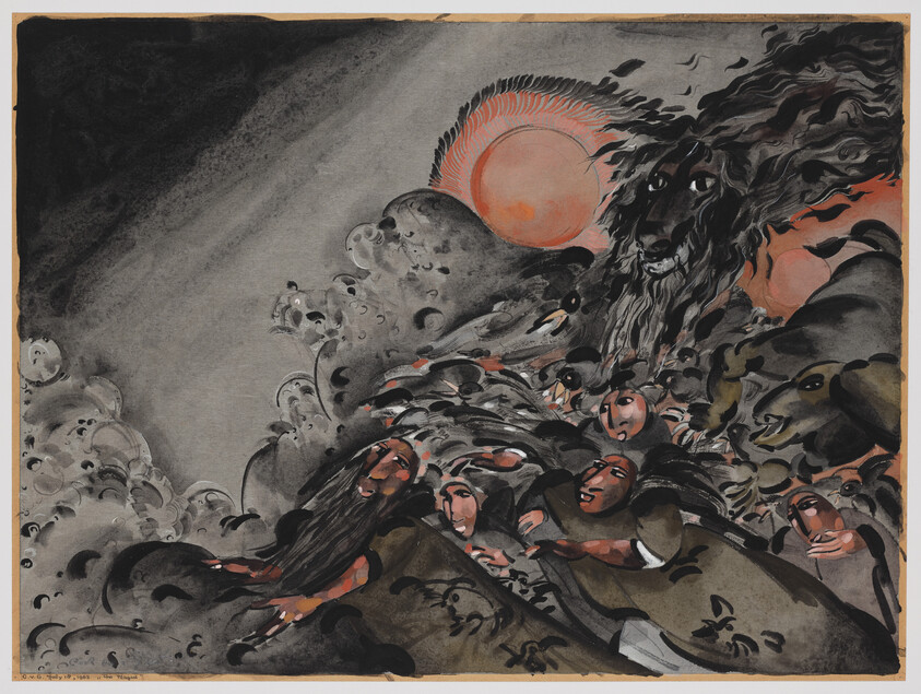 Figures with flowing hair and robes are swept along by a roaring lion-like spirit beneath a red sun.