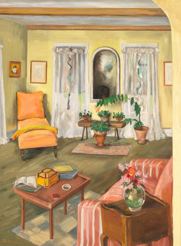 Cozy living room with potted plants on a table, orange armchair, striped sofa, and coffee table.