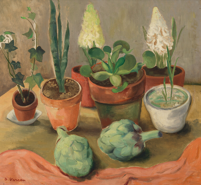 Several potted houseplants and two artichokes resting on a table with a pink cloth.