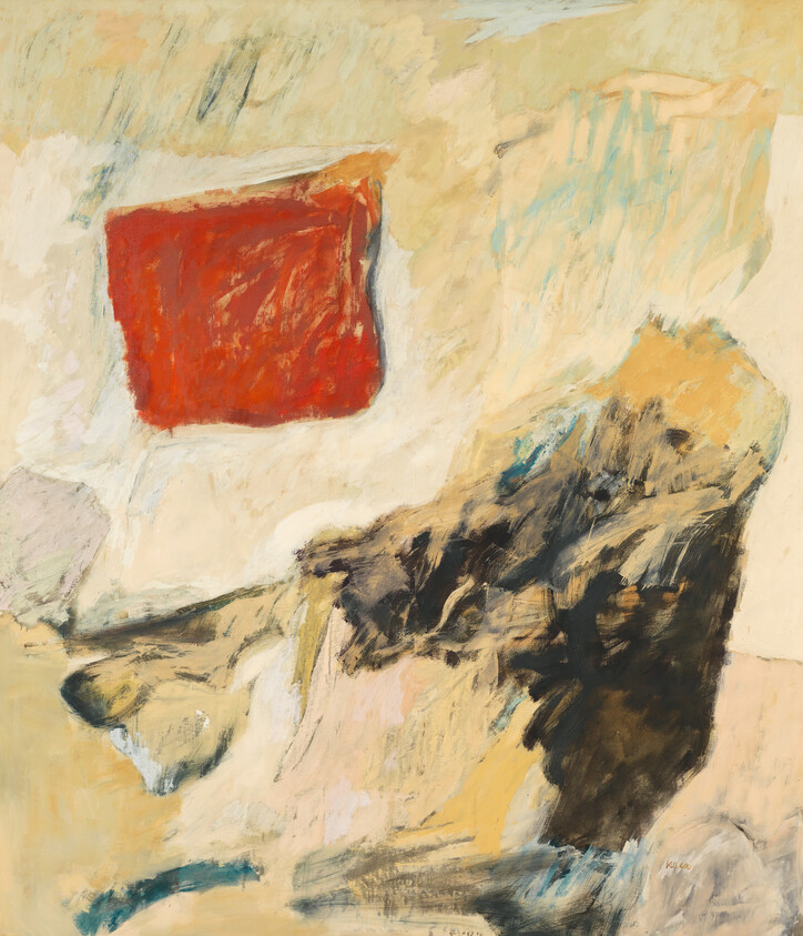 Abstract painting with a bold red square and dark textured shape against a pale background.