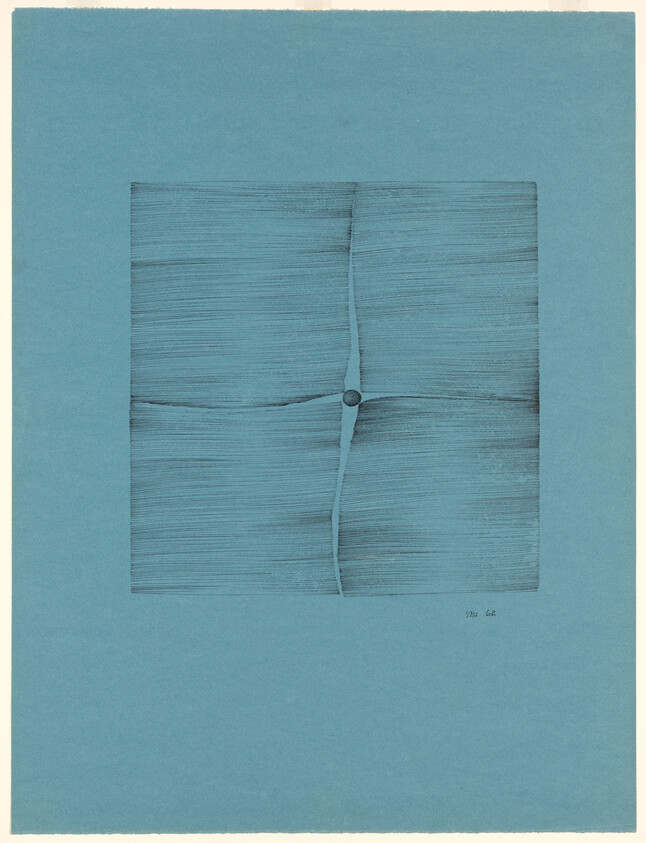 Square of finely lined paper with a central seam and a small circular fastener on blue background.
