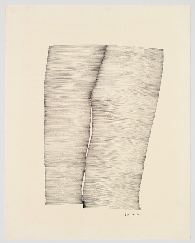 Two tall vertical forms composed of fine horizontal lines with a narrow central seam.