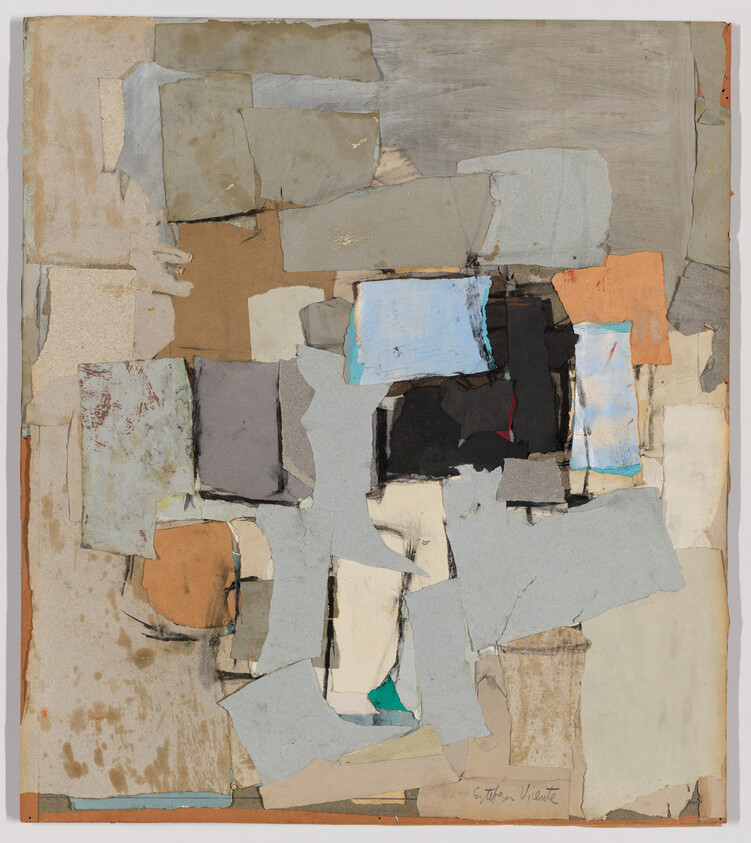 A layered paper collage of torn neutral and blue shapes with a dark central cluster.