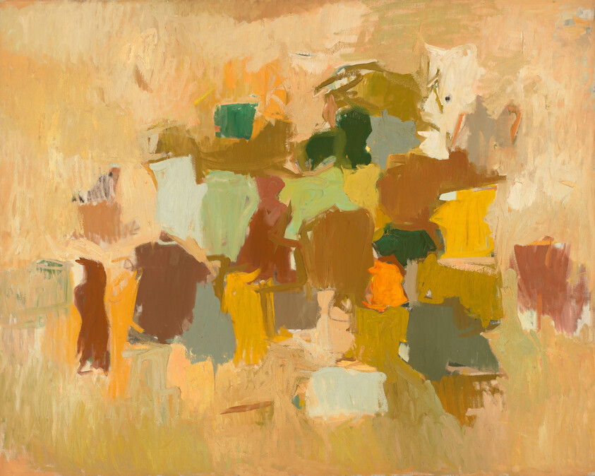 Abstract painting with warm earthy color blocks and loose brushstrokes forming overlapping shapes.