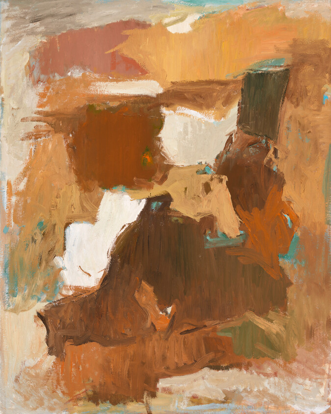 Abstract painting with layered brown, tan, and white brushstrokes suggesting rocky forms and depth.