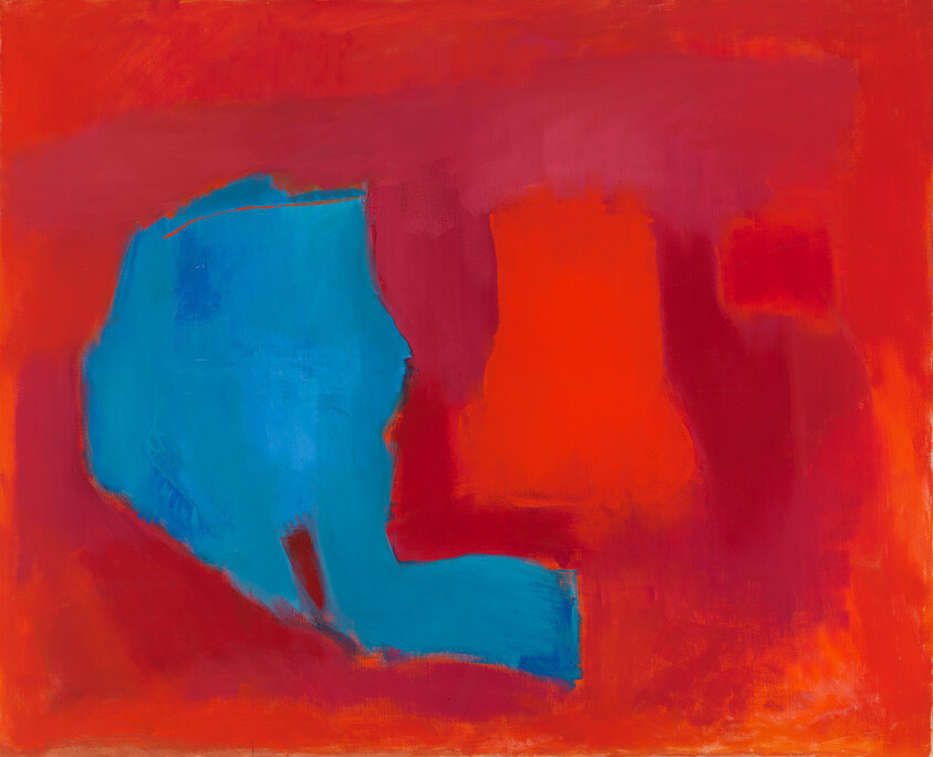 Large irregular blue shape dominates vibrant red and orange abstract painting.
