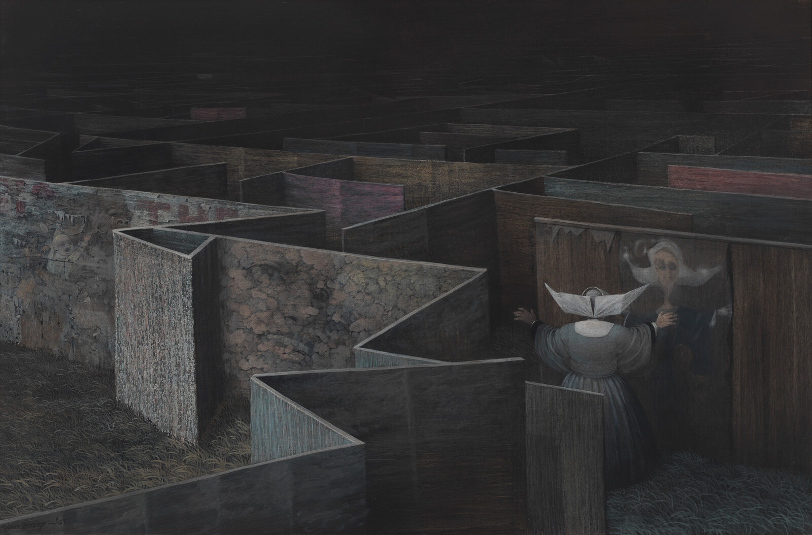 A woman in a white bonnet reaches toward a mirror at the edge of a dark maze.