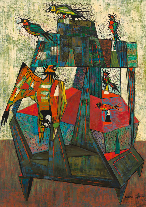 Several colorful stylized birds perch and flutter on a tall geometric wooden structure.