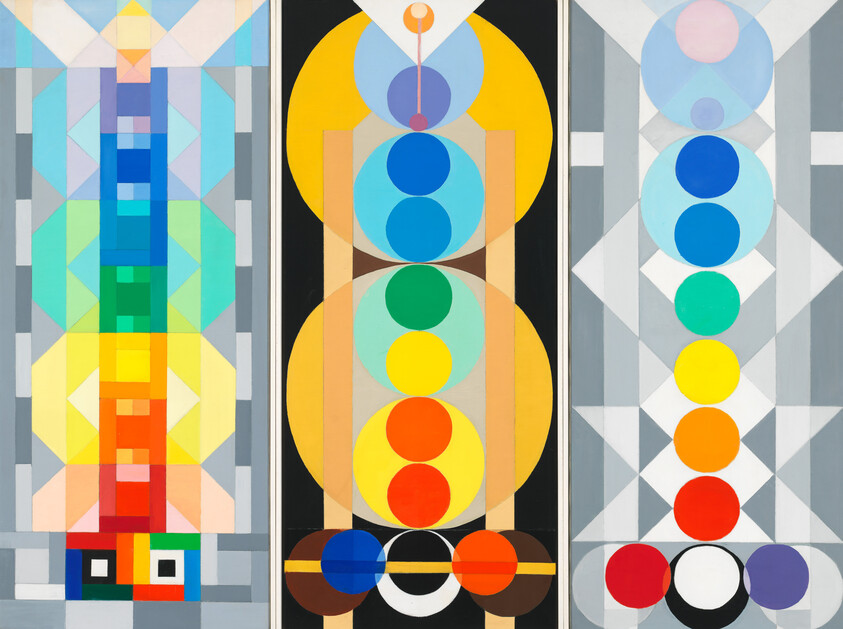 Three vertical panels with stacked colorful circles and geometric shapes forming a bright abstract triptych.