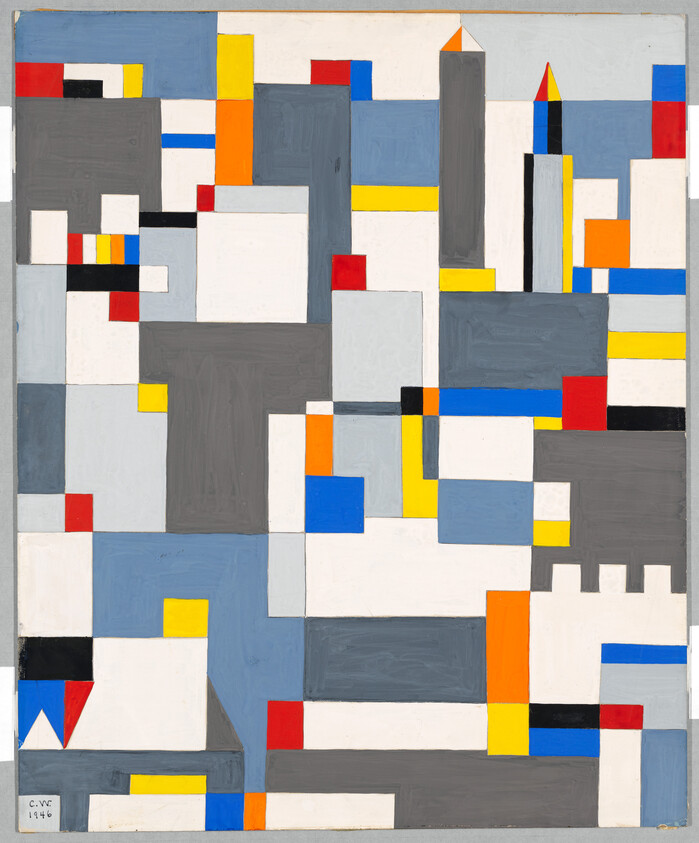 Abstract geometric composition of colored rectangles and squares suggesting a city skyline.