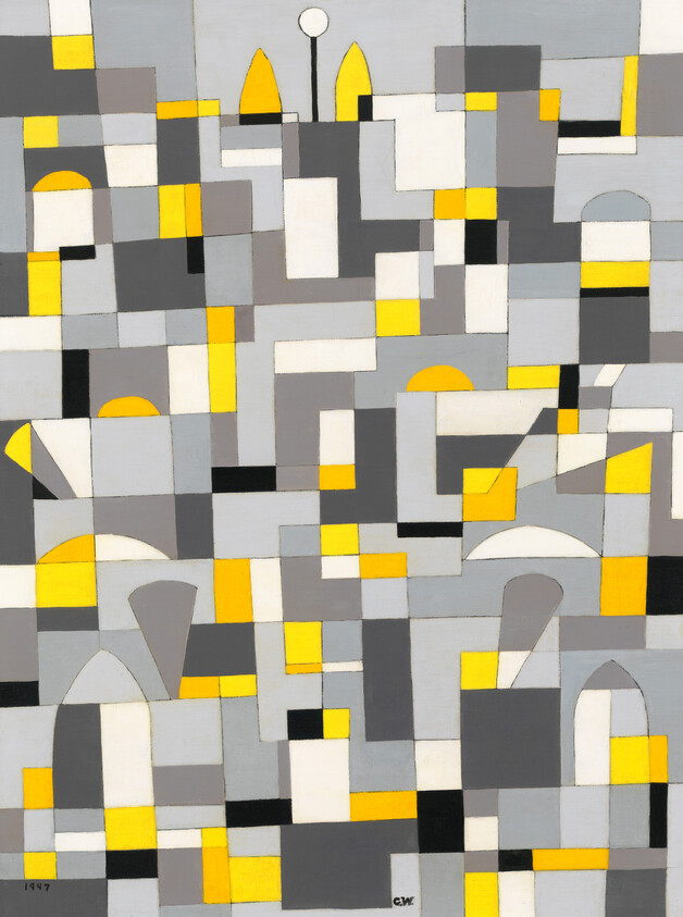 Abstract geometric composition of gray, white, and yellow rectangles and arches forming a grid.