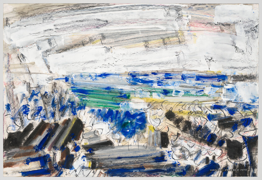 Abstract coastal landscape with bold blue and green brushstrokes suggesting sea, shoreline, and cloudy sky.