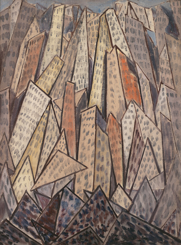 Tall angular skyscraper forms packed together, painted with muted earth tones and dotted windows.