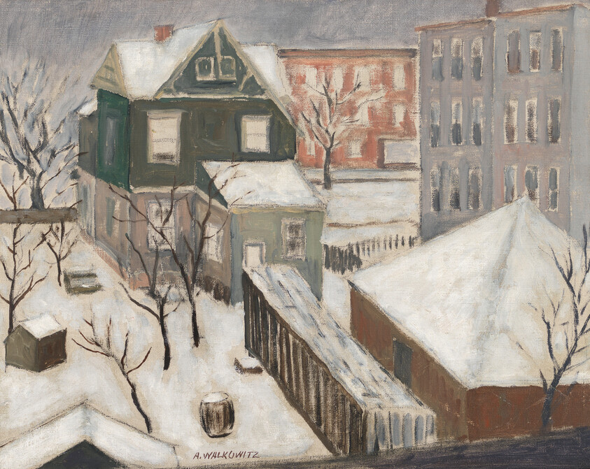 A snowy urban backyard with two houses, leafless trees, and snow-covered roofs.