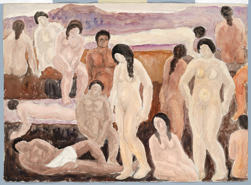 Group of women and men standing and sitting in a communal bathing scene.